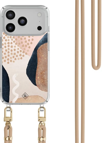 Casimoda® hoesje met beige koord - Geschikt voor iPhone 17 Pro - Abstract Dots - Afneembaar koord - TPU/polycarbonaat - Bruin/beige