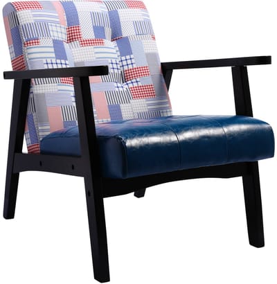 HomeMiYN Japanse Fauteuil – PU Leer & Linnen Look Patchwork Stoel – Blauwe Geruite & Gestreepte Design – Zwarte Armleuningen – Lage Lounge Stoel