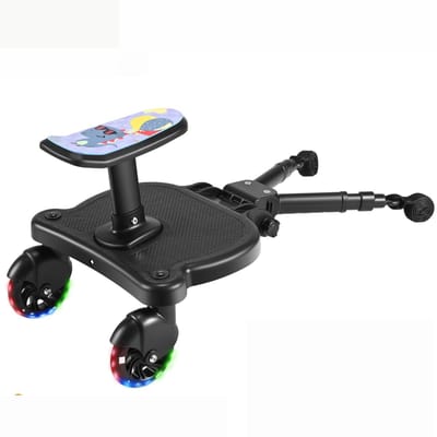 Solayne Meerijdplankje universeel - Buggy-board - Buggy&Kinderwagen - Verstelbaar met LED wieltjes - Zwart met dinosaurusontwerp