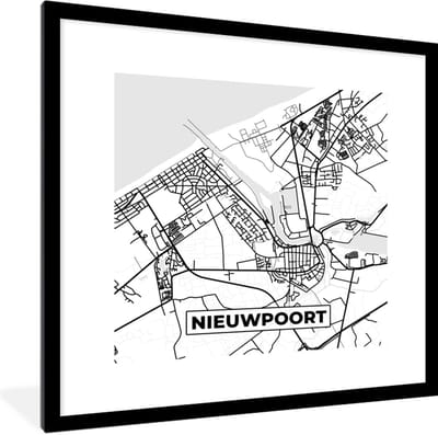 Fotolijst incl. Poster Zwart Wit- Stadskaart – Zwart Wit - Kaart – Nieuwpoort – België – Plattegrond - 40x40 cm - Posterlijst