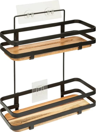 5Five Badkamer douche rekje organizer - zwart metaal/acacia hout - kleefstrip - 25 x 15 x 30 cm