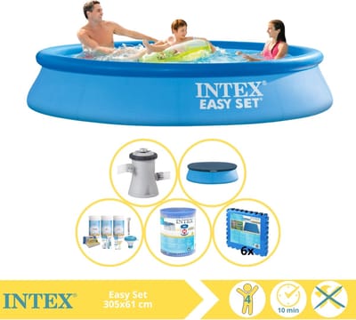 Intex Rond Opblaasbaar Easy Set Zwembad - 305 x 61 cm - Blauw - Inclusief Pomp - Afdekzeil - Onderhoudspakket - Filter - Vloertegels - 6-delig