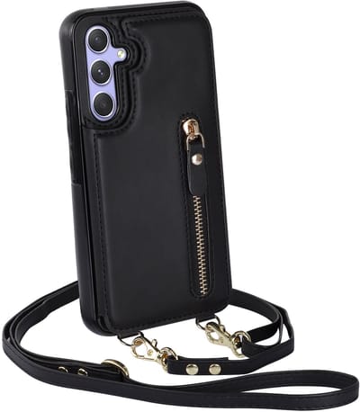 Casemania Hoesje Geschikt voor Samsung Galaxy A16 - Zwart - Luxe Back Cover met Koord & Rits - Wallet Case met Pasjeshouder - Lanyard Telefoonhoes - Cord Case