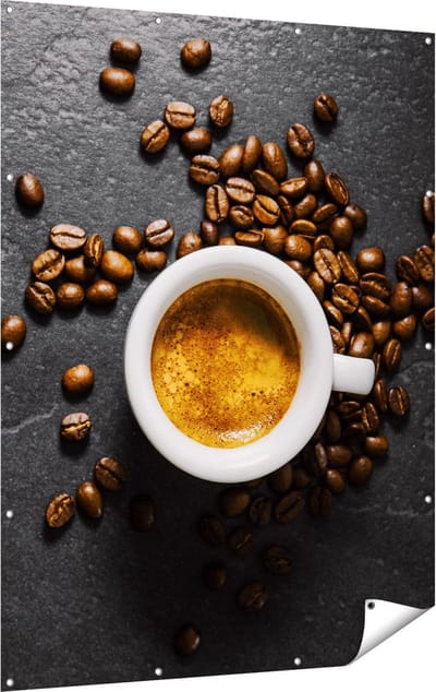 Gards Tuinposter Kopje Koffie met Koffiebonen - 120x160 cm - Tuindoek - Tuindecoratie - Wanddecoratie buiten - Tuinschilderij