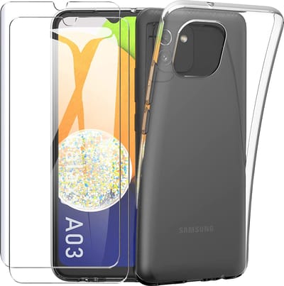 HB Hoesje en Glas Geschikt voor Samsung Galaxy A03 - Transparant - Siliconen Back Cover + 2x Glazen Screenprotector