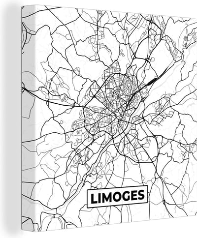 Canvas Schilderij Frankrijk - Limoges - Plattegrond - Stadskaart - Kaart - Zwart wit - 20x20 cm - Wanddecoratie