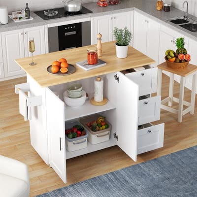 STILVORA Keukentrolley - Inklapbaar Werkblad Met Opbergruimte En Lades - Voor Keuken En Eetkamer - MDF - Wit;Naturel - 135x70x90 Cm