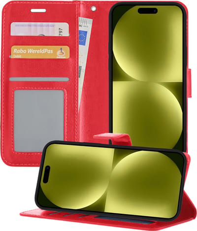 Hoesje - Met Pasjeshouder - Geschikt voor Apple iPhone 15 - Luxe Bookcase Portemonee - Flip Case - Kunstleer Book Case - Flipcase - Book Cover - Walletcase - Portemonneehoes - Telefoonhoesjes - Rood