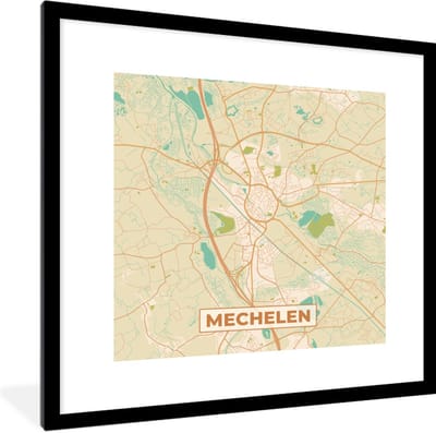 Fotolijst incl. Poster - België - Kaart - Mechelen - Stadskaart - Plattegrond - 40x40 cm - Posterlijst