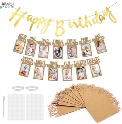 Loha-party® Eerste verjaardag foto slingeren Happy Birthday Banner Set-Baby Mijlpaal Slinger-Fotobanner-Eerste Verjaardag-Kraftpapier Frame -Verjaardagsfeest-feestartikelen-versiering-Bruin