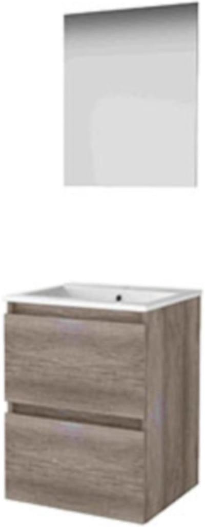 Basic-Line Ultimate 46 Badkamermeubelset - 50 x 46 cm - Greeploos - 2 Lades - Keramische Wastafel - 1 Kraangat - Spiegel met Indirecte LED Verlichting - Scotch Oak