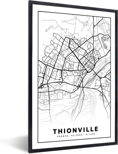 Fotolijst incl. Poster Zwart Wit- Frankrijk - Thionville - Plattegrond - Stadskaart - Kaart - Zwart wit - 40x60 cm - Posterlijst