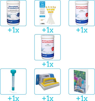 Zwembad Onderhoudspakket - Onderhoud Zwembad - bevat Chloor - Testrips - PH-min - PH-plus - Thermometer - Scrubborstel en Zwembadgids (7-delig)