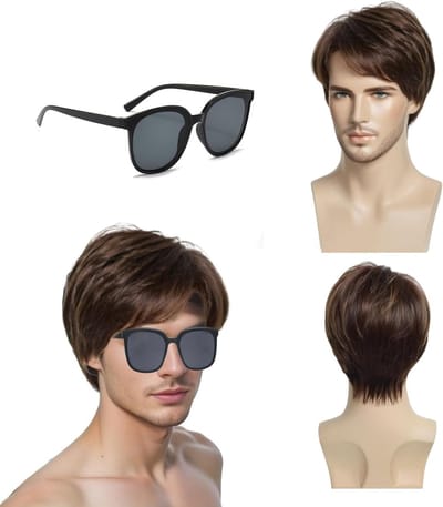 Korte Bruine Krullende Perucque voor Mannen - 70s 80s Disco Kostuum, Halloween, Cosplay Party (Set van 2)