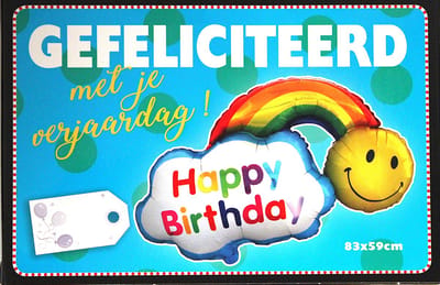 Folieballon Gefeliciteerd Met Je Verjaardag - Folie Ballon - Smiley - Regenboog - Rainbow - Happy Birthday - 83X59cm - Met Kadolabel - 1 Stuks