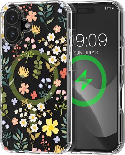 kwmobile Kristalheldere hardcase compatibel met Apple iPhone 16 Hoesje – compatibel met MagSafe – Acryl hoesje met TPU-rand – Charmante bloemen design