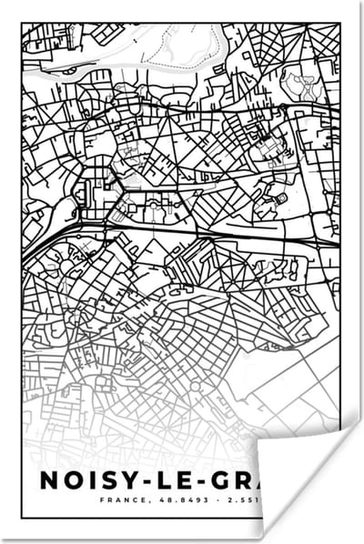 Poster Stadskaart - Plattegrond - Kaart - Noisy-le-Grand - Frankrijk - Zwart wit - 120x180 cm XXL