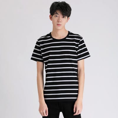 Zomer Klassiek Zwart-wit Gestreept T-shirt met Ronde Hals en Korte Mouwen voor Heren, Losvallend en Veelzijdig, Trendy Herenkleding in Koreaanse Stijl XL black
