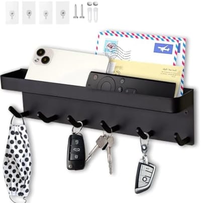 PromoHome 6 Haken Wand Sleutelhouder met Plank - Multifunctioneel Zelfklevend Roestbestendig Metaal Sleutelrek voor Entree, Keuken, Kantoor, Badkamer en Woonkamer