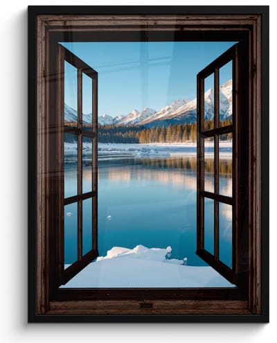 Poster in lijst - Fotolijst 50x70 cm - Posters - Doorkijk - Winterlandschap - Meer - Bergen - Uitzicht - Posterlijst zwart - Decoratie - Wanddecoratie woonkamer - Muurdecoratie slaapkamer