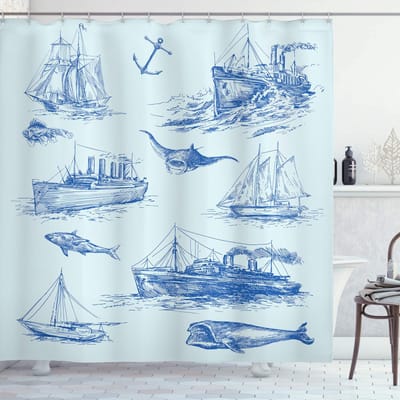 ABAKUHAUS douchegordijn – Wildlife Shark Boat – 175x240 cm – blauw