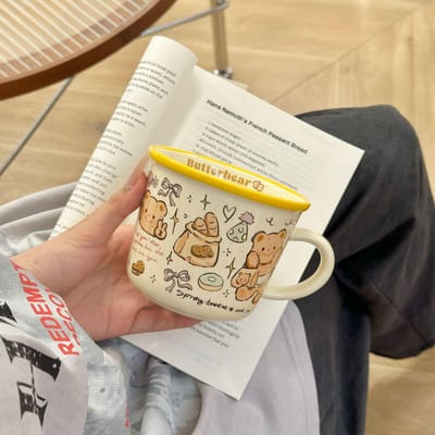 Lente Boter Beer Brood Schattige Handgeschilderde Wind Crème Ontbijt Koffie Keramische Mok Mensen Waterbeker Geven 201-300ml white