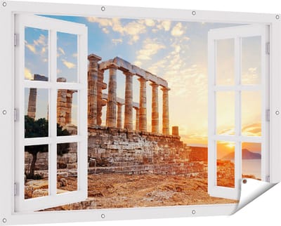 Gards Tuinposter Doorkijk Tempel van Poseidon in Athene, Griekenland - 150x100 cm - Tuindoek - Tuindecoratie - Wanddecoratie buiten - Tuinschilderij