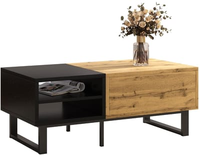 Salontafel Hout en Zwart - Met Lade en Vakken - Spaanplaat - Woonkamer - 100x50x40 cm