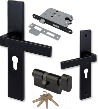 COMBINATIE Deurklink ELIOT met profielcilinder 55 mm + Knopcilinder zwart 30/30 + Insteekslot dag & nachtslot cilinder zwart 55 mm
