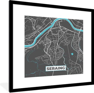 Fotolijst incl. Poster - Plattegrond – Seraing – Blauw – Stadskaart - Kaart - 40x40 cm - Posterlijst
