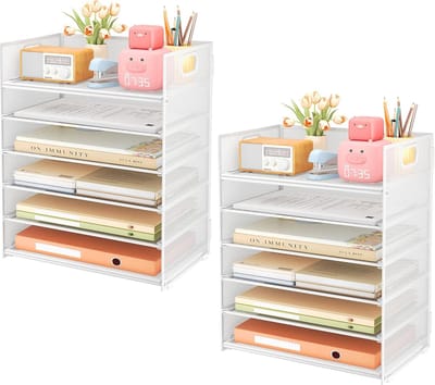 Bureau Papier Organizer - Document Sorteerder Lade - Thuis Kantoor Ordenen - Met Handvat 6 Lagen - 32x23x34cm - Wit