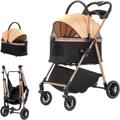 Huisdierenbuggy - Hondenbuggy - Reizen met huisdier - Afneembare draagtas - 20 kg - Goud