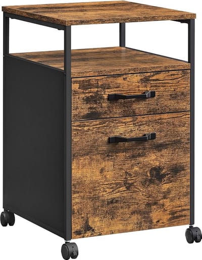 Vintage Industriële Ladenkast op Wieltjes - Houten Kantoorkast met 2 Lades voor Opslag - Robuust Metalen Frame