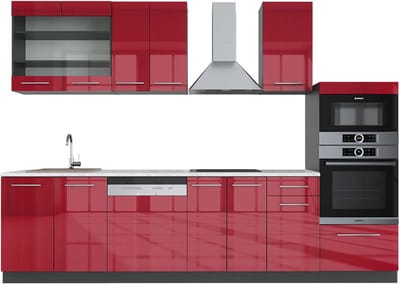 Vicco Fame-Line Complete keukeneenheid – 300 cm met hoge kast, WB Marmer Bordeaux hoogglans/antraciet