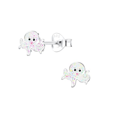 Joy|S - Zilveren octopus oorbellen - wit met glitter - 7 mm