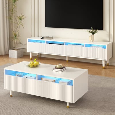 DESMIU Woonkamerset - Tv Meubel Met 4 Deuren En Salontafel Met 2 Lades En Led - Voor Woonkamer - MDF Wit - 178x35x45 En 110x50x40 Cm