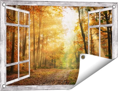 Gards Tuinposter Doorkijk Herfstbos met Zonneschijn - 60x40 cm - Tuindoek - Tuindecoratie - Wanddecoratie buiten - Tuinschilderij