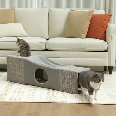 HAUSS SPOLE Krabmeubel – Opvouwbare Kattentunnel 98 x 30 x 30 cm – Polyester en Sisal – Bruin Grijs – Kattenhuis Met Speelbal