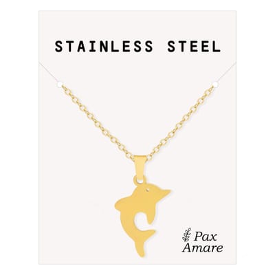 Cadeau Ketting met Dolfijnen - Roestvrij Staal - Goudkleurig - Cadeau Sieraad op Kaartje - Pax Amare