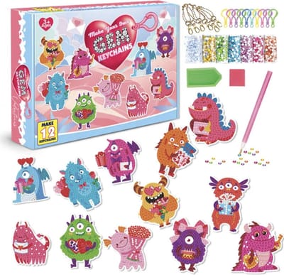 Diamond Painting Sleutelhangers - 12 x Dinosaurus - Dubbelzijdig - Hobby - Kinderen - volledig pakket - Kinderfeestje - maak je eigen hartjes sleutelhanger - Hanger