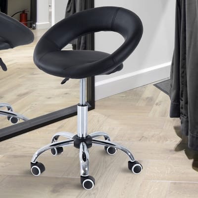 OKWISH Rolkruk Met Rugleuning En Wielen Hoogteverstelbaar Ergonomisch Comfortabel Voor Salon, Praktijk En Kantoor Kunstleer Zwart