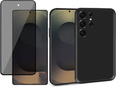 ChiGuard Hoesje & Privacy Screenprotector geschikt voor Samsung S25 Ultra – Privé Gehard Glas Cover - Suède Case Zwart