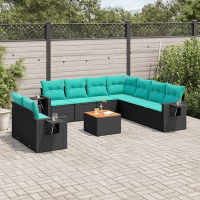 vidaXL - 10-delige - tuinbankset - met - kussens - van - zwart - polyrotan