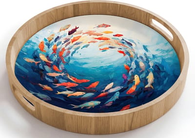 Dienblad rond 40x40 cm - Schootdienblad hout - Zee - Vissen - Kleurrijk - Dynamisch - Borrelplank rechthoek - Plateau houten dienbladen