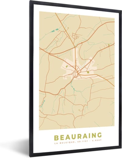 Fotolijst incl. Poster - Plattegrond - Kaart - Vintage - Beauraing - Stadskaart - 40x60 cm - Posterlijst