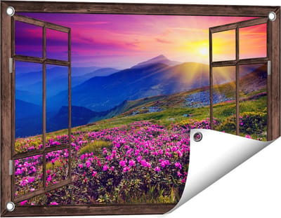 Gards Tuinposter Doorkijk Roze Rhododendron Bloemenveld - Bergen - 60x40 cm - Tuindoek - Tuindecoratie - Wanddecoratie buiten - Tuinschilderij