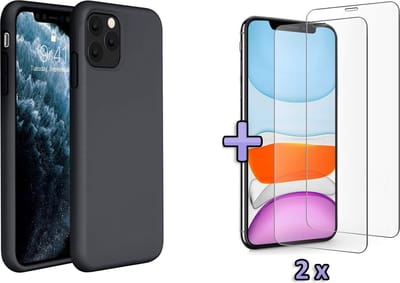 HB Hoesje Geschikt voor Apple iPhone 11 Pro Max - Siliconen Back Cover / 2X Glazen Screenprotector - Zwart