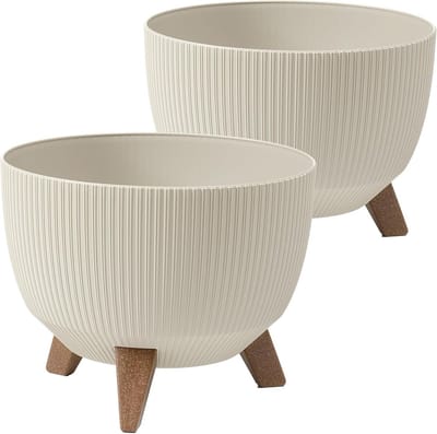 Set van 2 Ronde Buiten Bloempotten met Voeten - Beige Terrasbakken Ø 24 cm