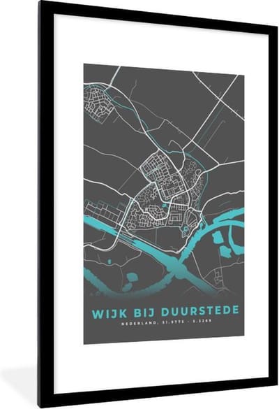 Fotolijst incl. Poster - Stadskaart - Wijk bij Duurstede - Grijs - Blauw - 80x120 cm - Posterlijst - Plattegrond