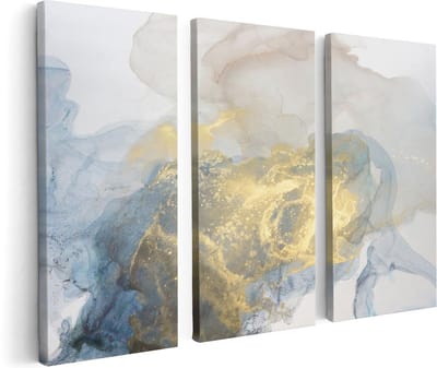 Artaza Canvas Schilderij Drieluik Abstracte Kunst van Grijze Gouden Marmer - 120x80 cm - Wanddecoratie Woonkamer - Schilderijen - Muurdecoratie